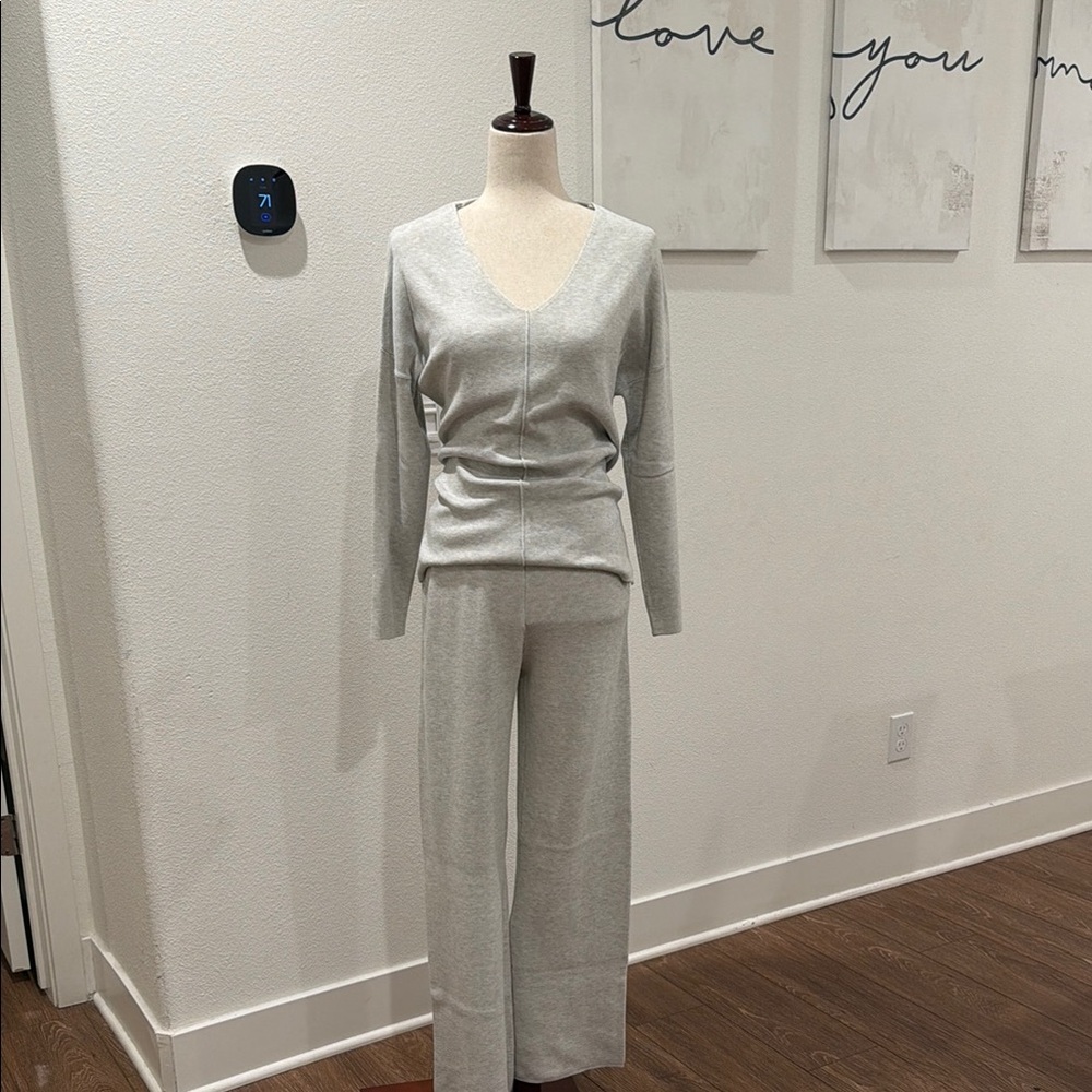 Cyrus Light Gray V-Neck Knit Top & Wide Leg Pants Set